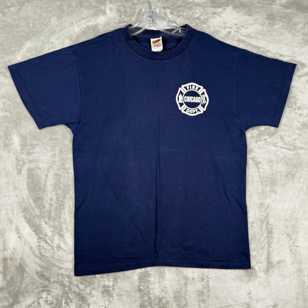 VTG Fruit of the Loom Chicago Fire Department Graphic T-Shirt Navy Blue Mens L
